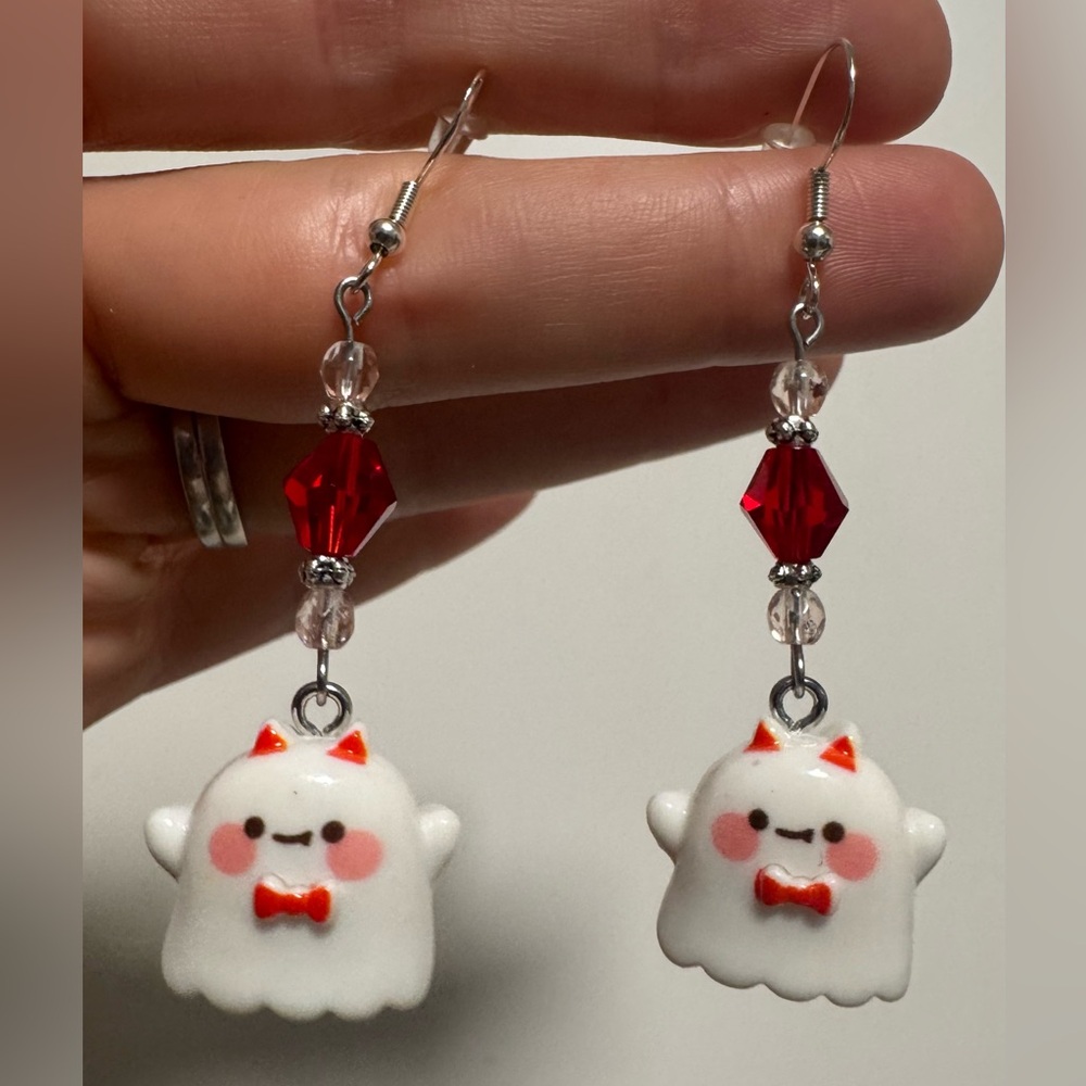 Cute Ghost Earrings with Red and pink Accents